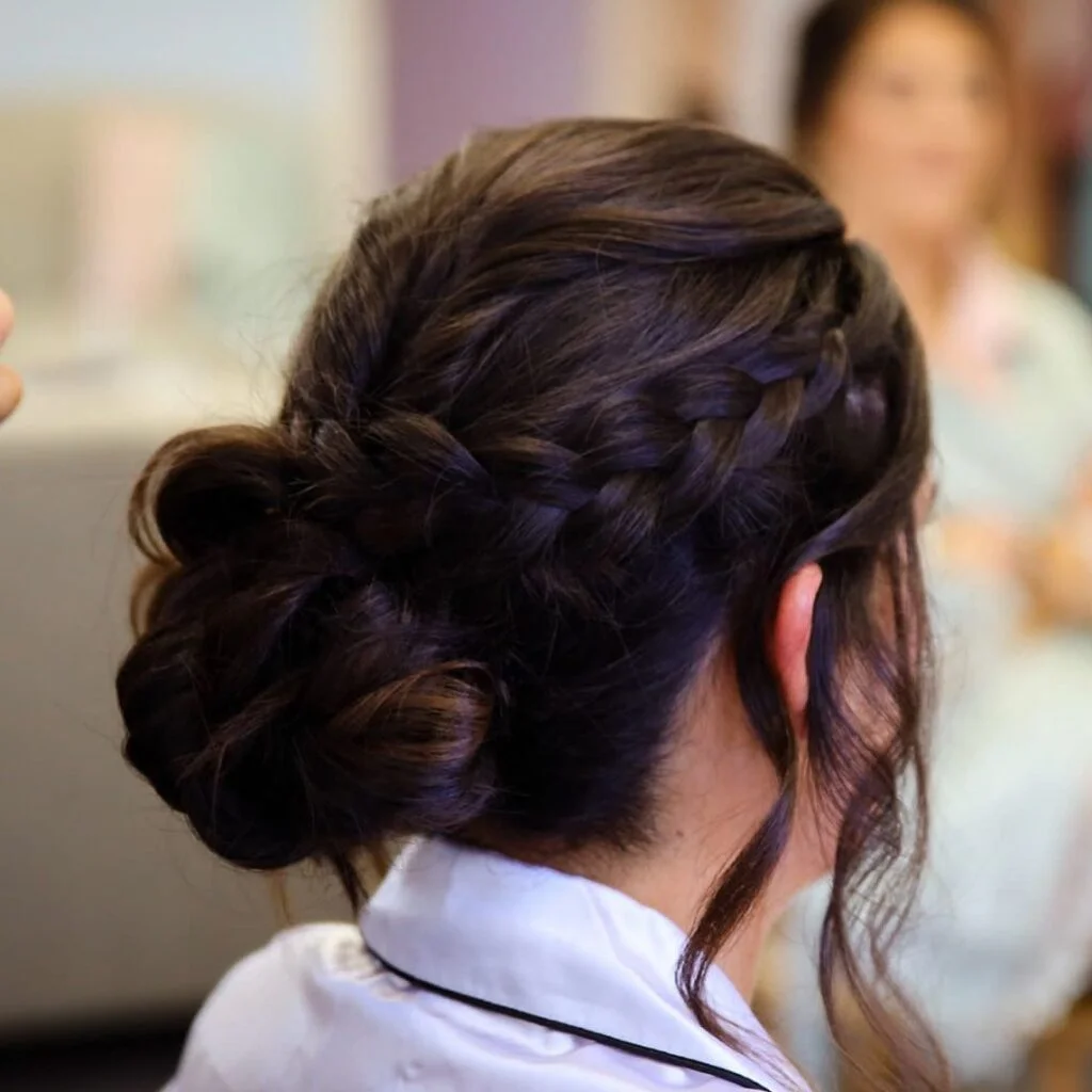 High ponytail with side braid detail for long hair