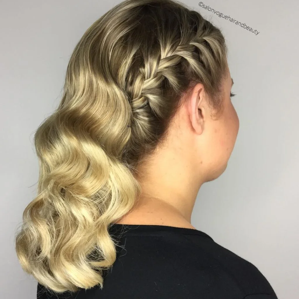 Chunky side braid with Hollywood waves