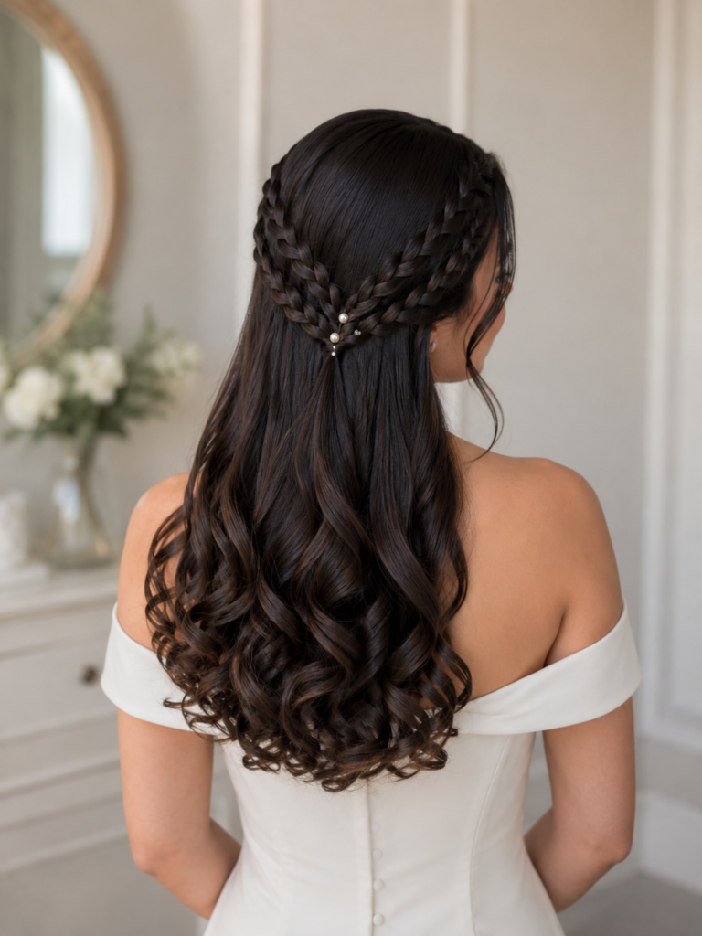 Dark brunette bridal half-up hairstyle with triple V-shaped braids, pearl pins and glossy curls.
