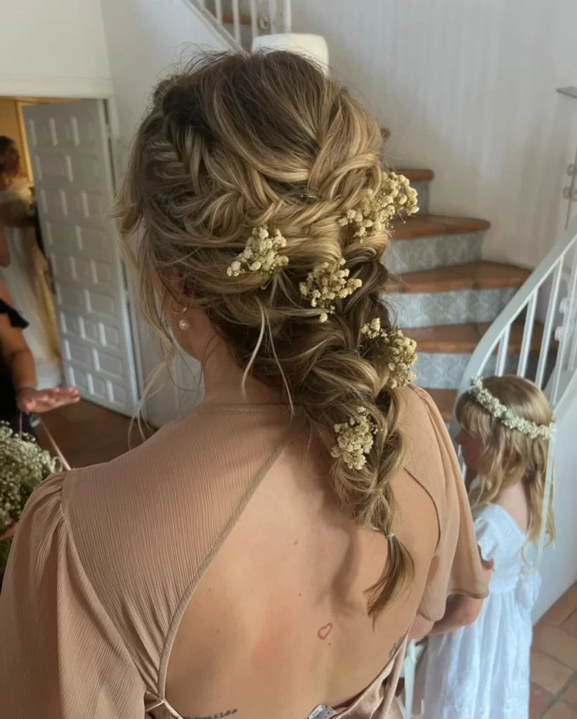 Loose blonde side braid with baby’s breath flowers and a textured low ponytail.