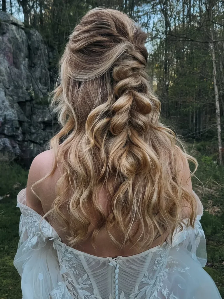 Blonde half-up pull-through bridal braid with crown volume and loose forest wedding waves.