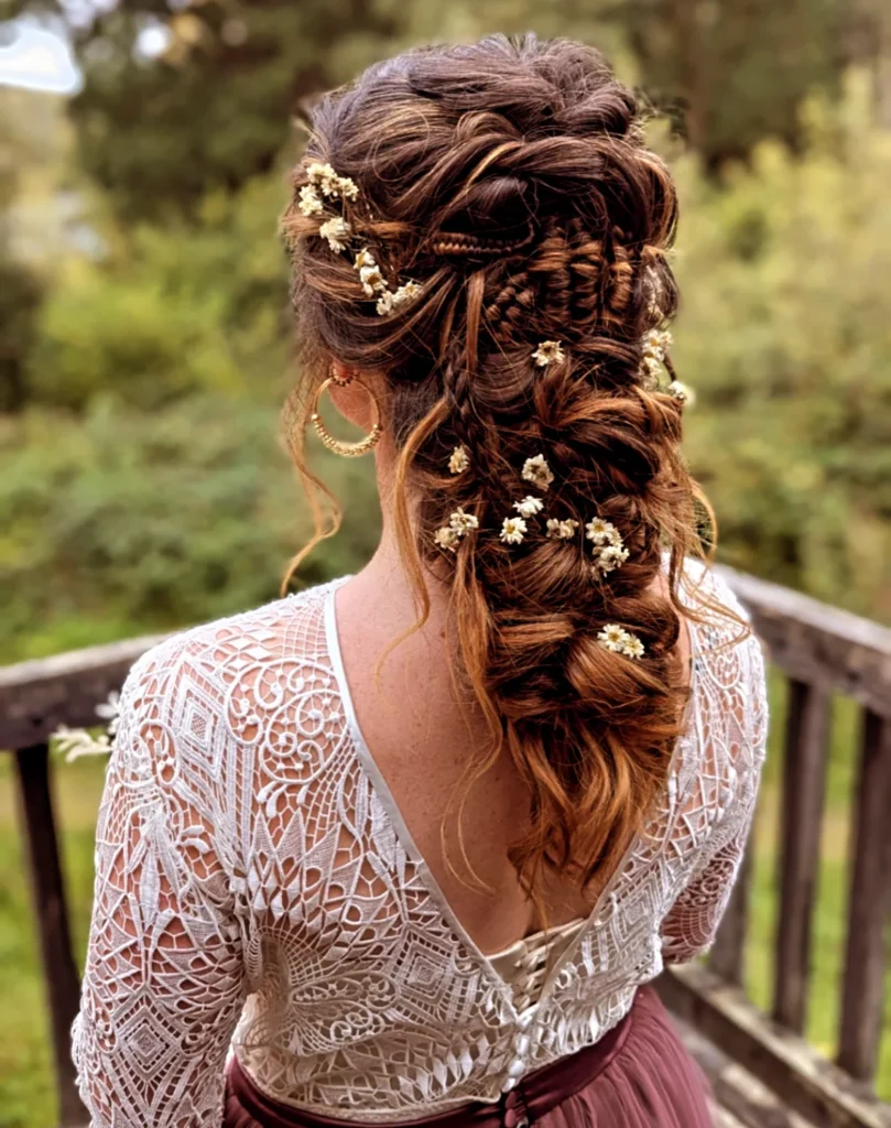 Textured auburn bridal braid with tiny white flowers and loose woven sections.