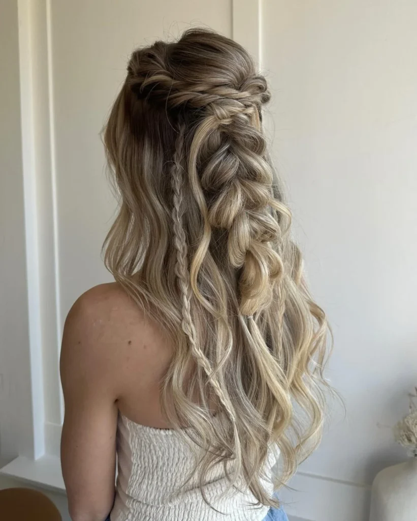 Loose blonde half-up pull-through braid with a thin accent plait and relaxed waves.