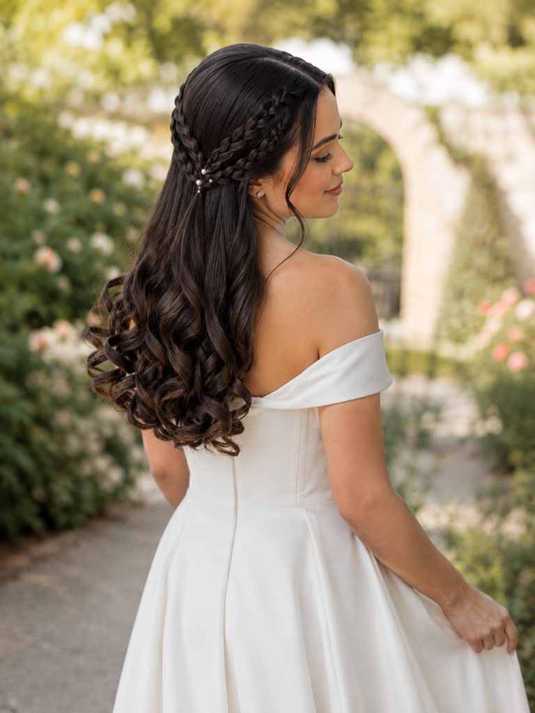 Brunette bride wearing a V-shaped half-up braid with cascading ringlet curls in a garden.