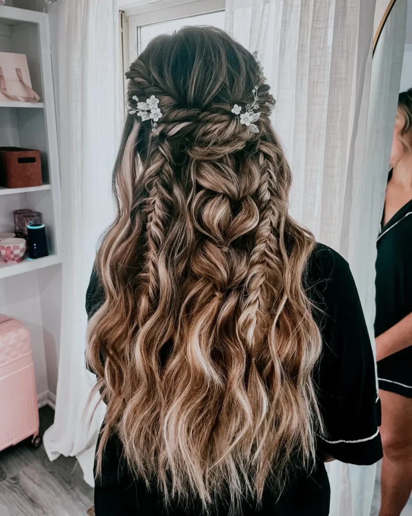 Balayage half-up bridal hairstyle with layered braids, fishtail details and loose waves.