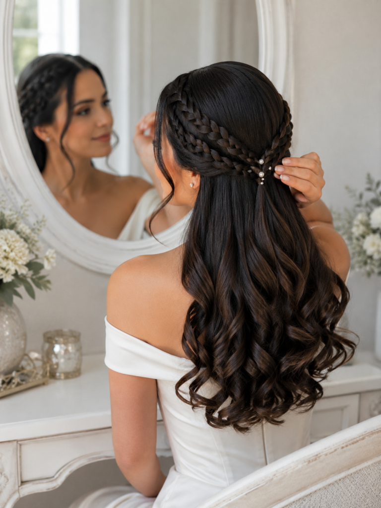 Brunette bride at a vanity with pearl-pinned multi-braids and long curled hair.