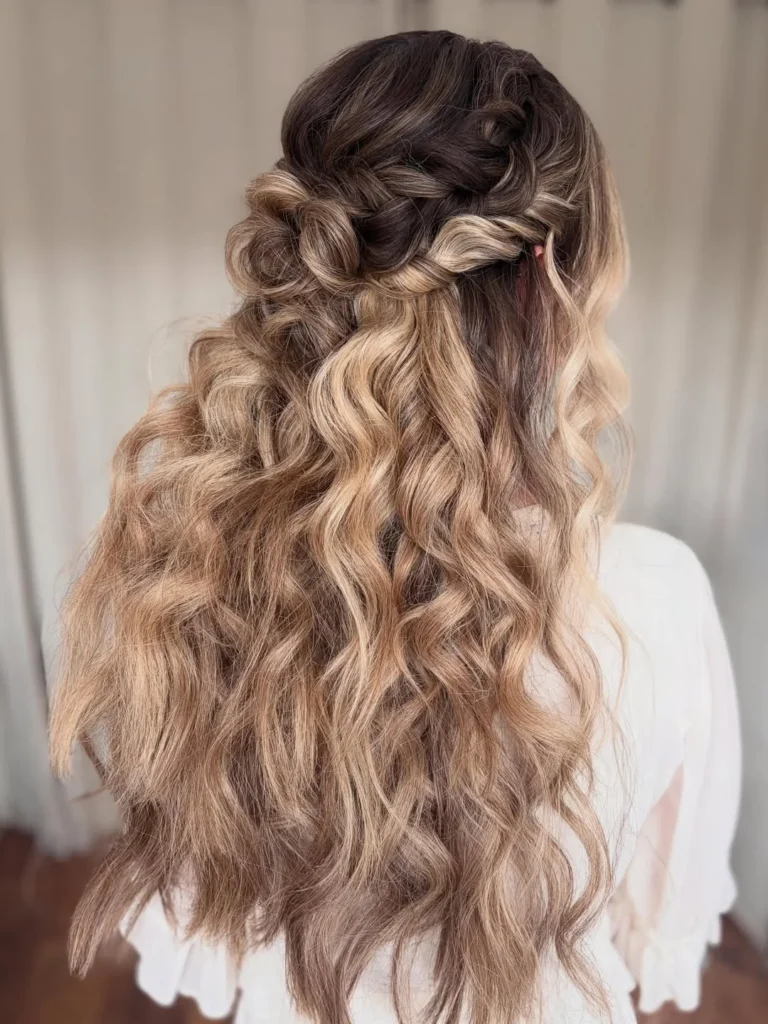 Tousled balayage half-up bridal braid with loose twists and textured waves.