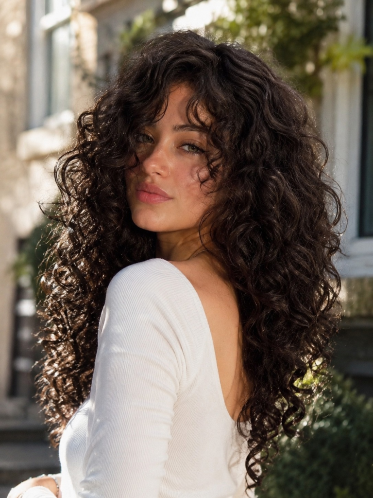 Long voluminous curly hairstyle with curtain bangs for round faces