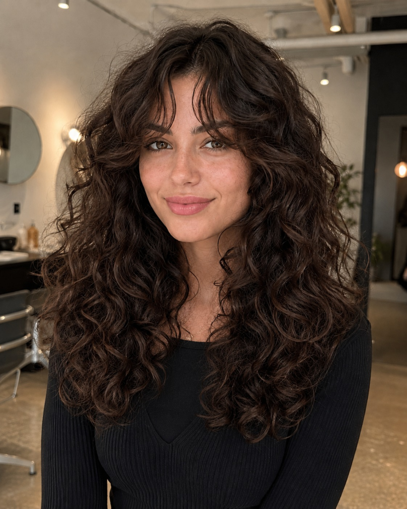 Long layered curls with airy curtain fringe