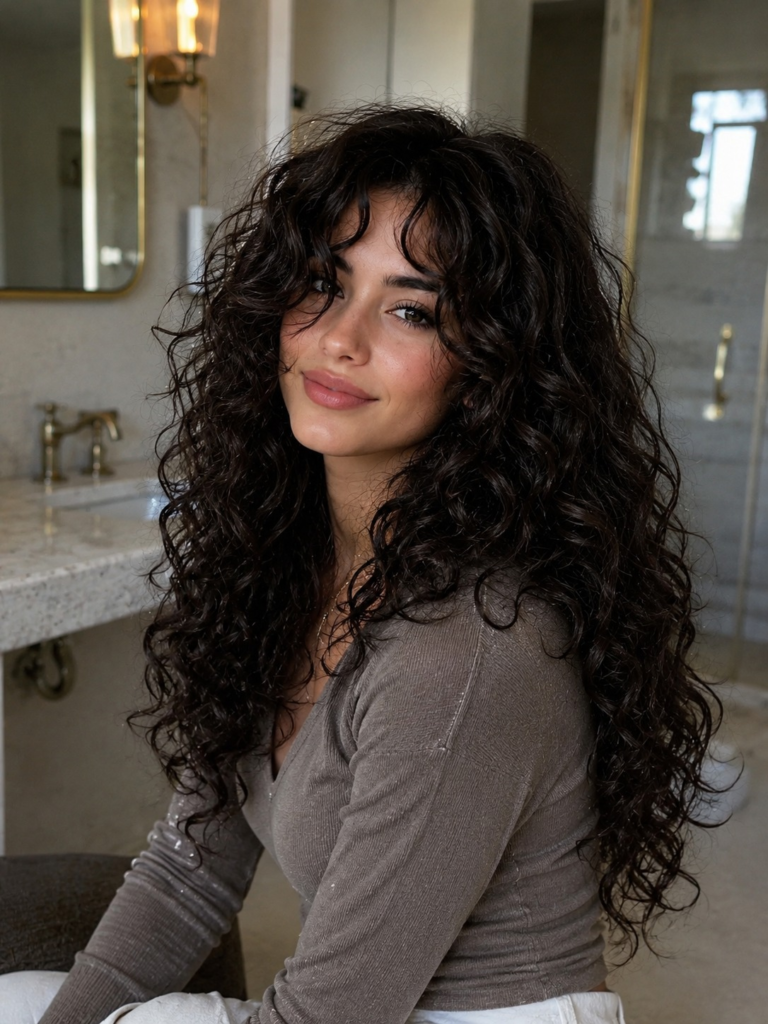 Long dark curly hairstyle with natural bangs and layers