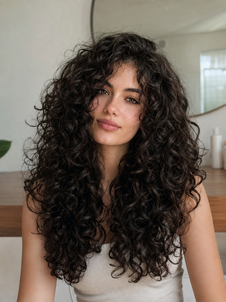 Full long curly hairstyle with center curtain bangs