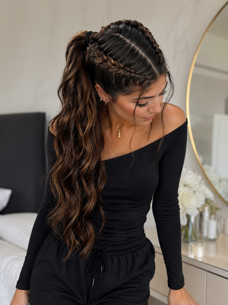 Wavy high ponytail with two bold Dutch braids