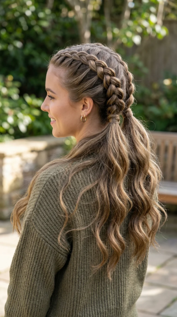Half-up double Dutch ponytail with loose waves