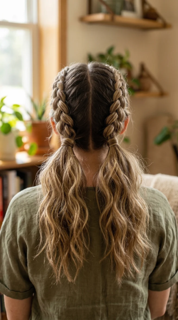Back view of simple double Dutch braided pigtails