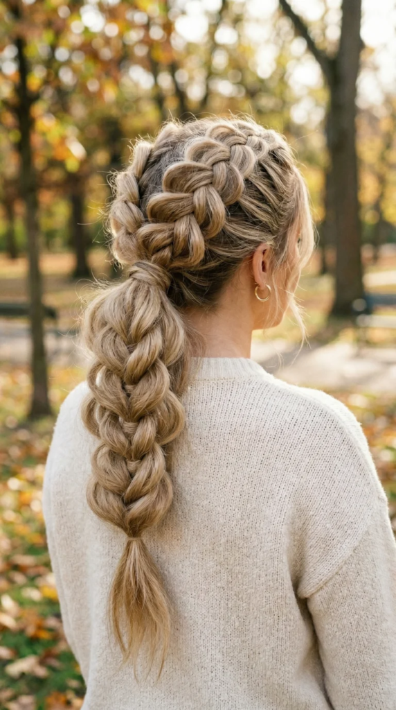 Chunky double Dutch braids joining one braided ponytail