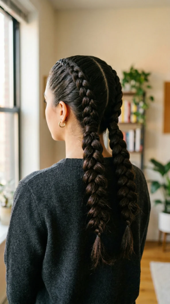Sleek dark brunette full-length Dutch braids