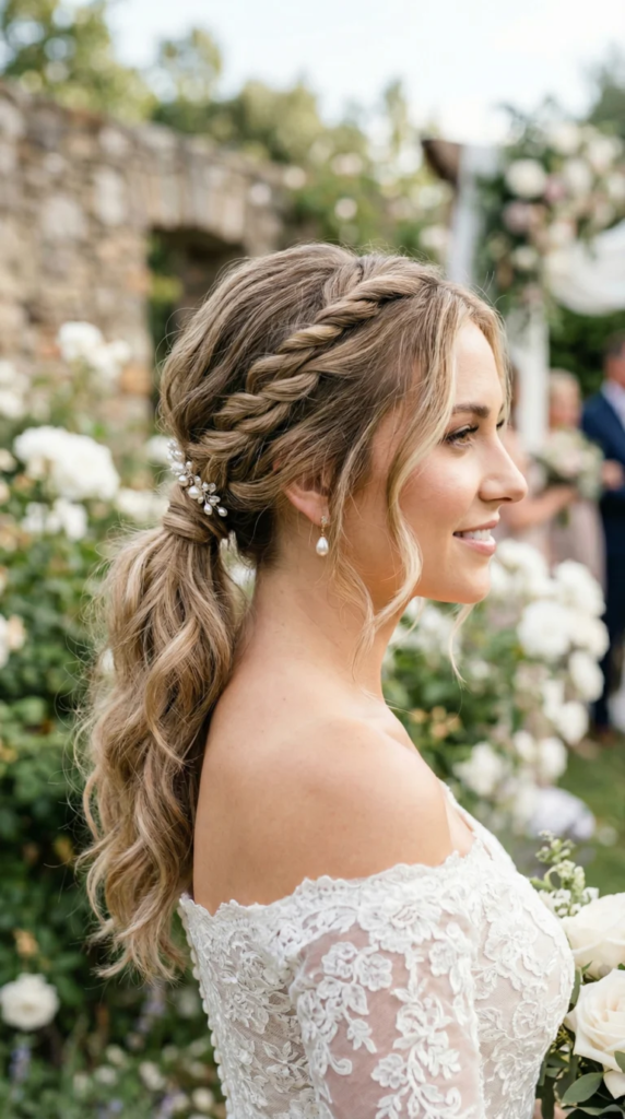 Bridal Dutch braid low ponytail with pearl accessory