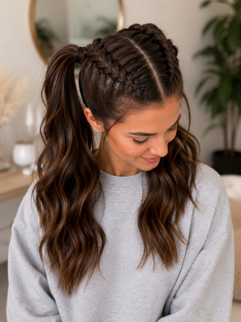 Double Dutch high pigtails with loose curled ends