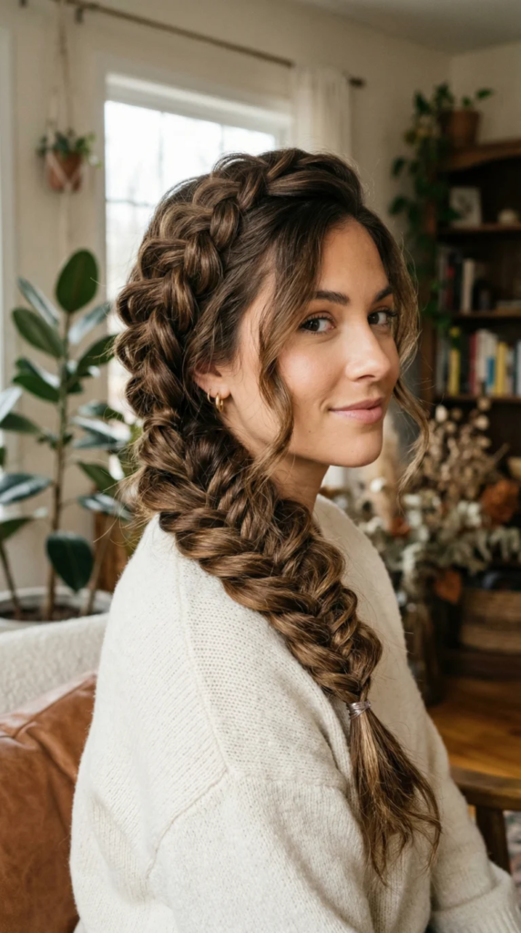 Thick side braid with Dutch-braided crown sections