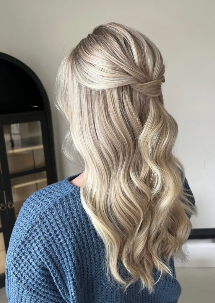 Minimal wrapped half-up twist with brushed blonde waves