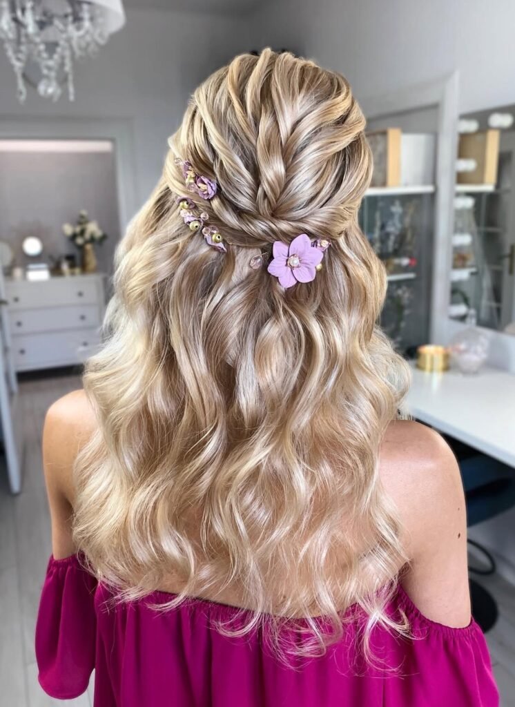 Braided half-up crown with purple flower accessories and loose blonde waves