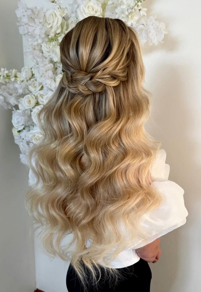 Knotted half-up hairstyle with smooth blonde Hollywood waves