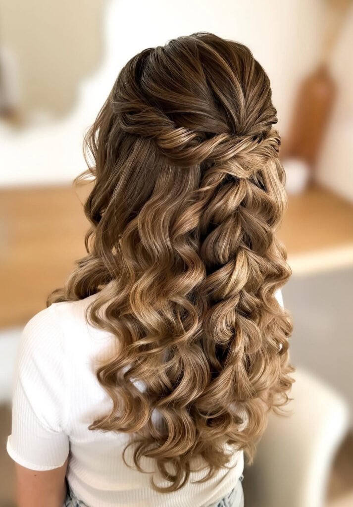 Twisted half-up crown with pull-through braid and long caramel curls