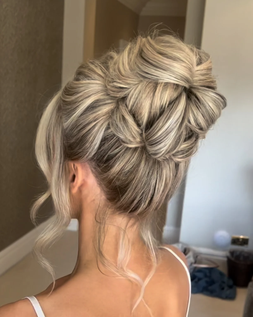 Highlighted braided high bun with broad loops, a central braid, and loose strands