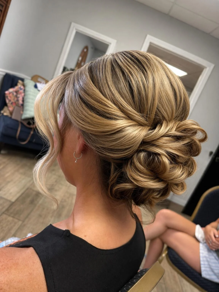 Dimensional blonde low loop bun with a lifted crown and loose neckline pieces