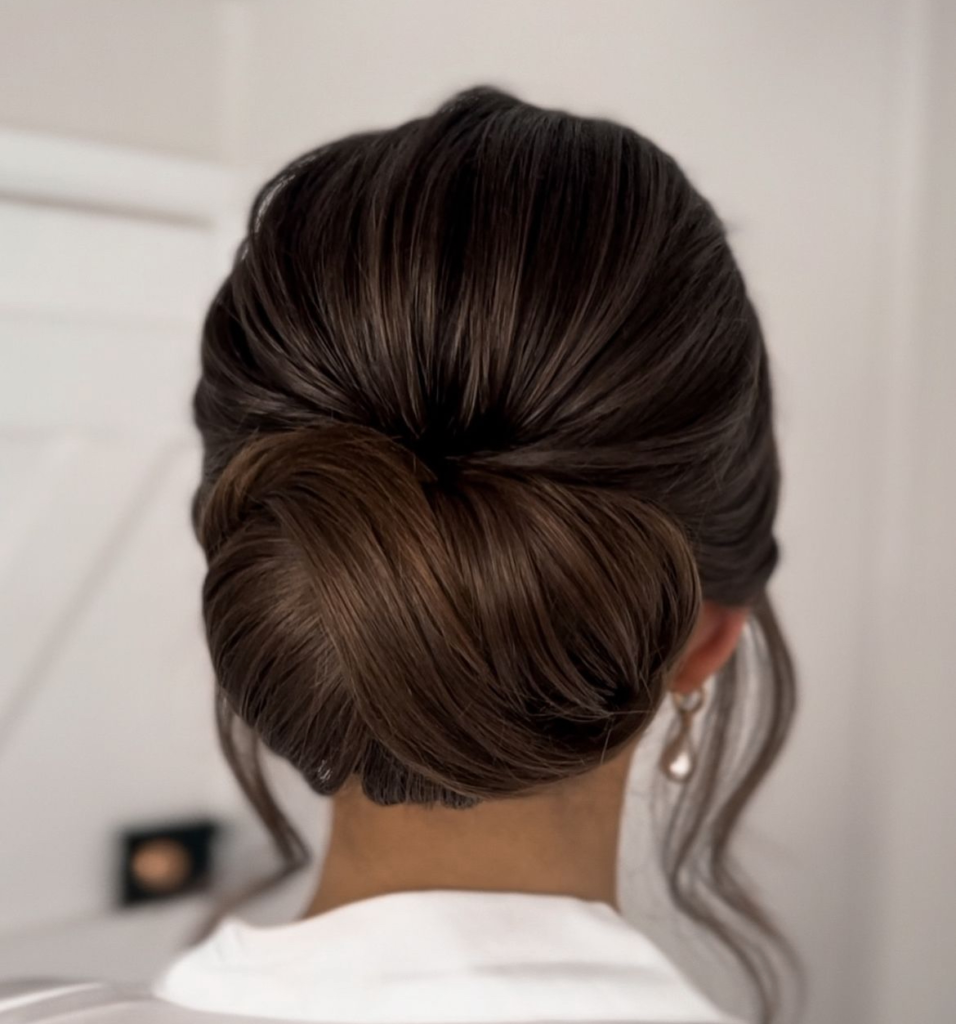 Oversized smooth brunette folded chignon with a rounded low bun shape