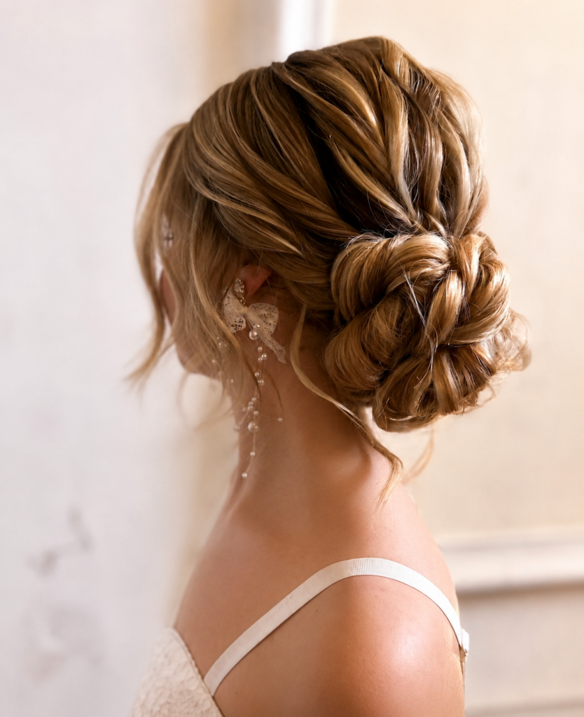 Blonde side rosette bun with sweeping layers and curled front pieces