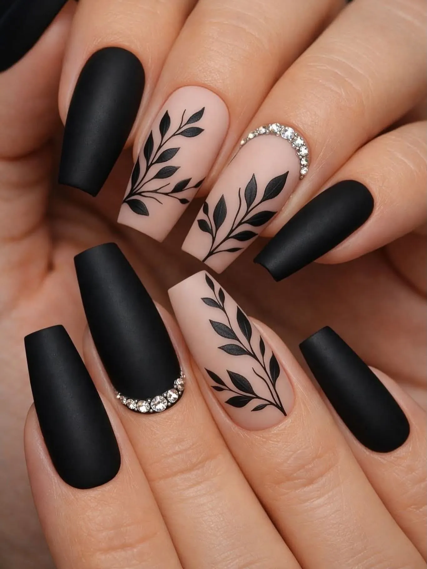 Matte black square nails with nude leaf accents and a crystal border