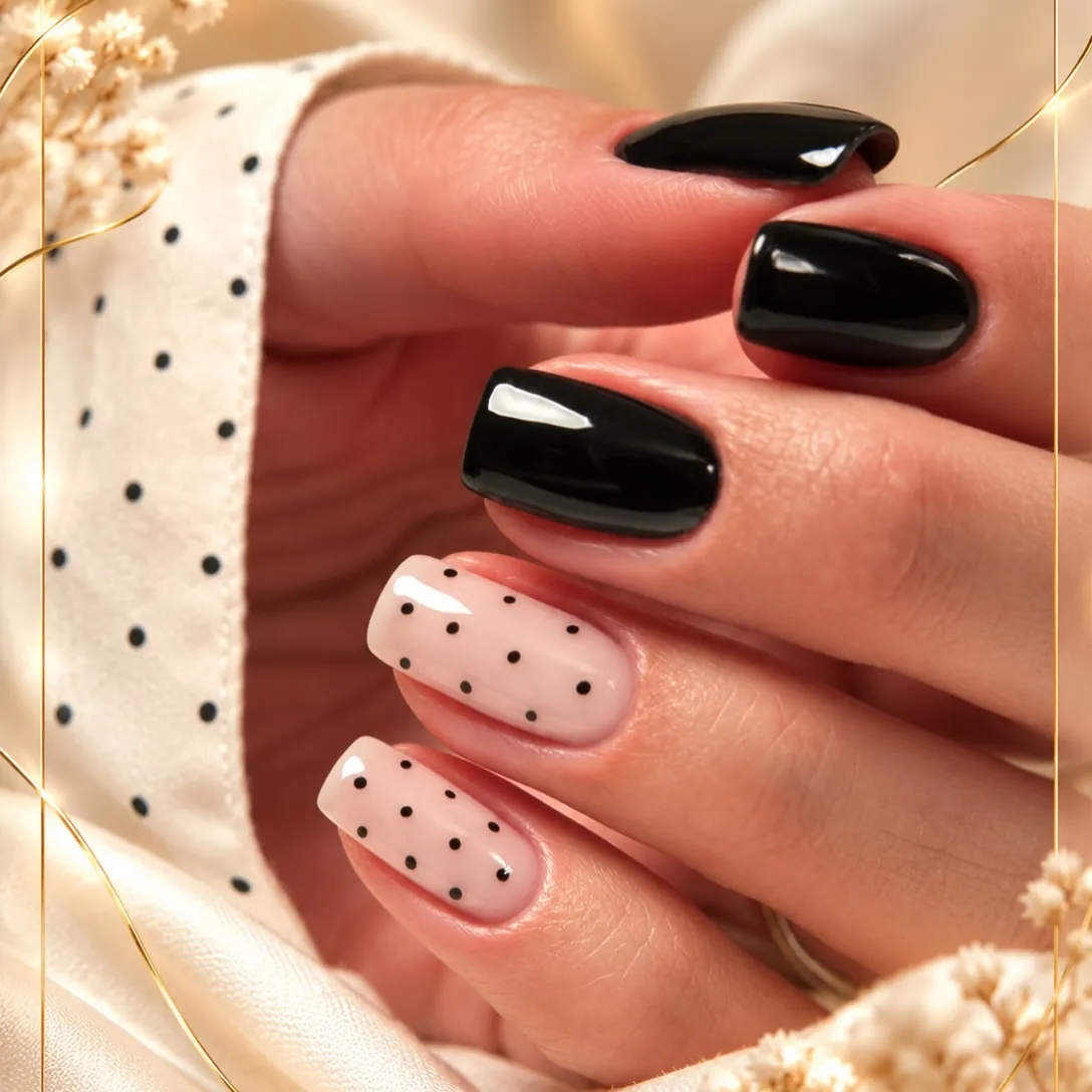 Black square nails with nude pink polka dot accent nails
