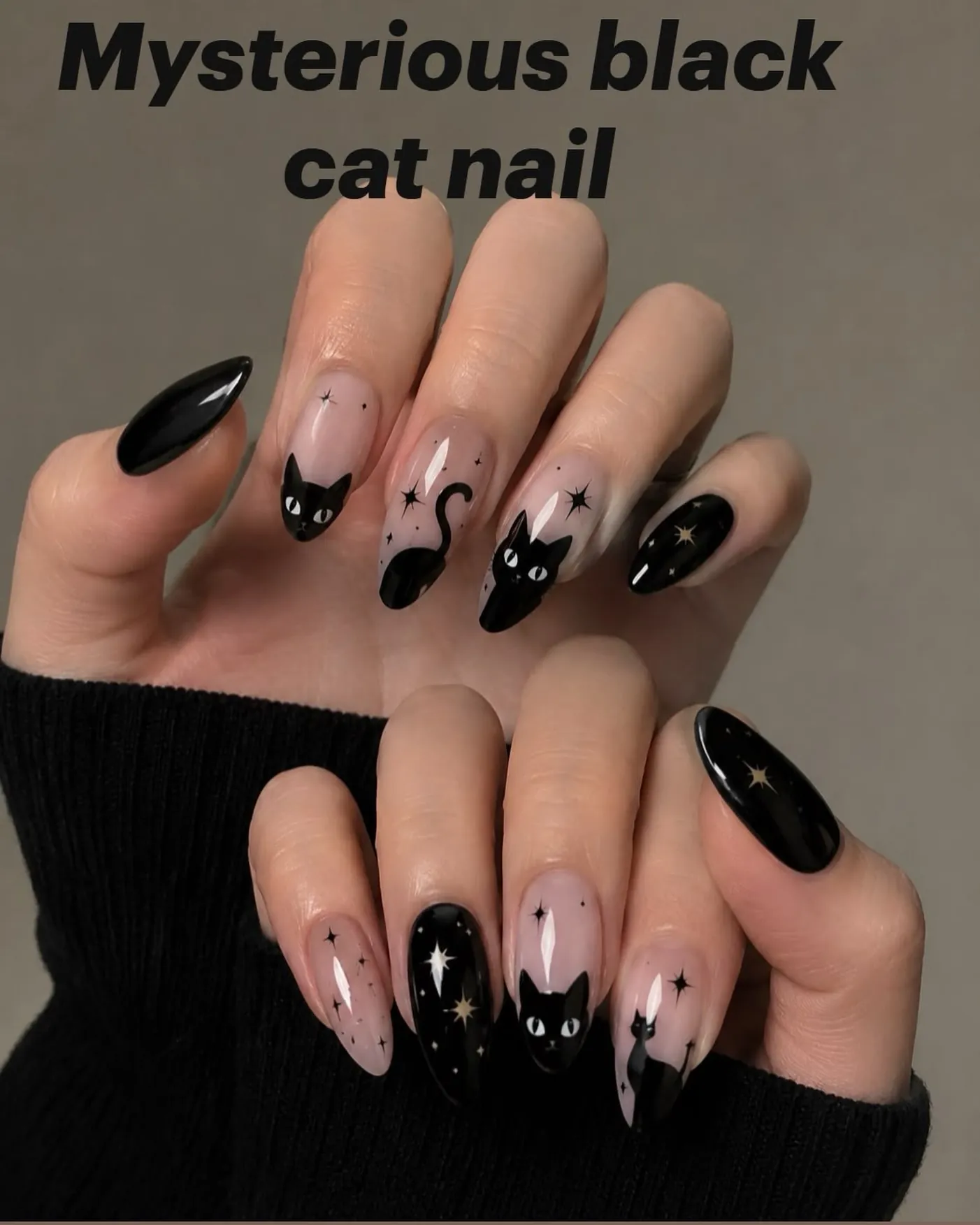 Nude nails with black cat face tips and solid black accents