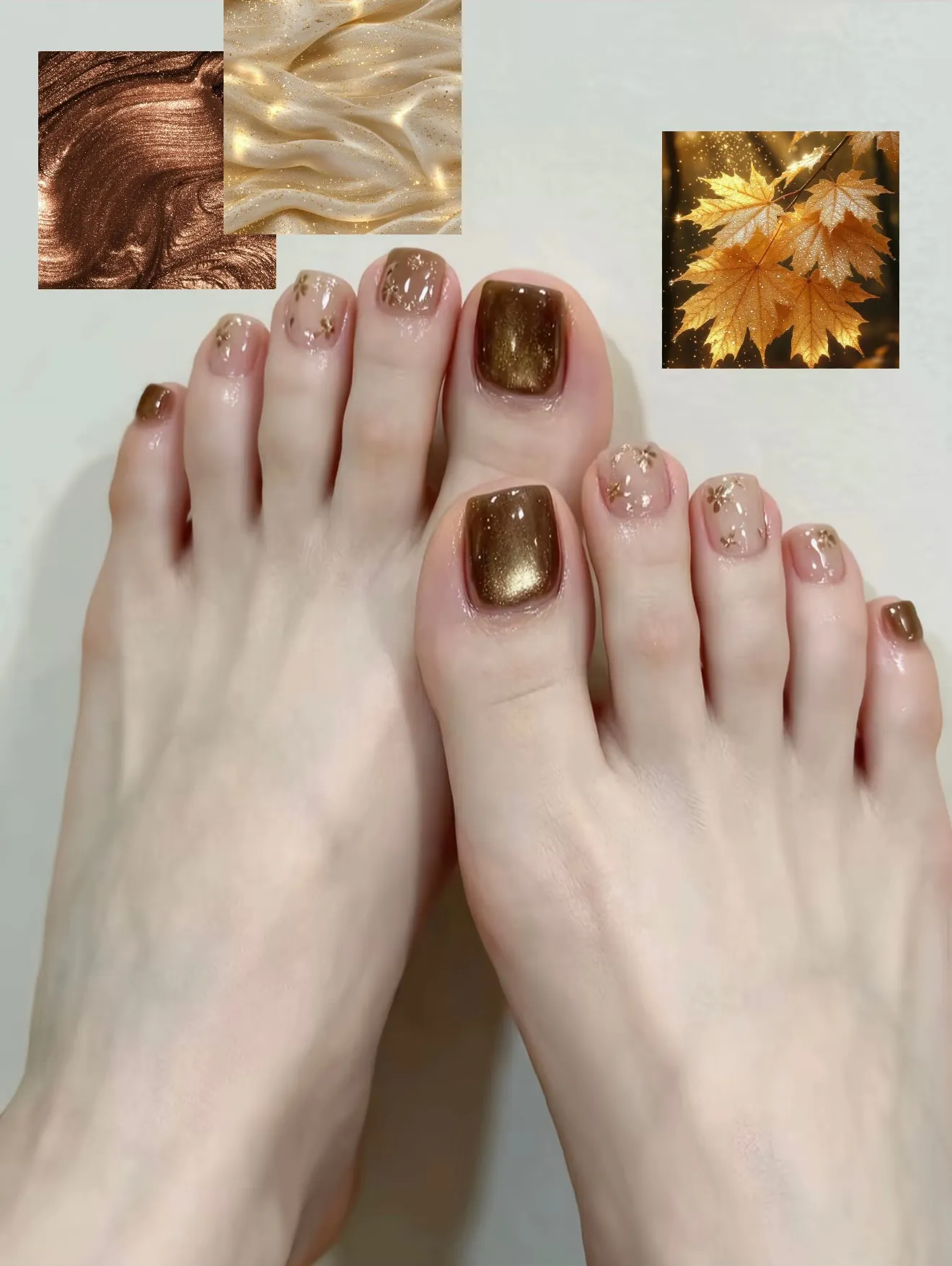 Reflective gold-brown big toenails with nude pink glitter accents on smaller toes