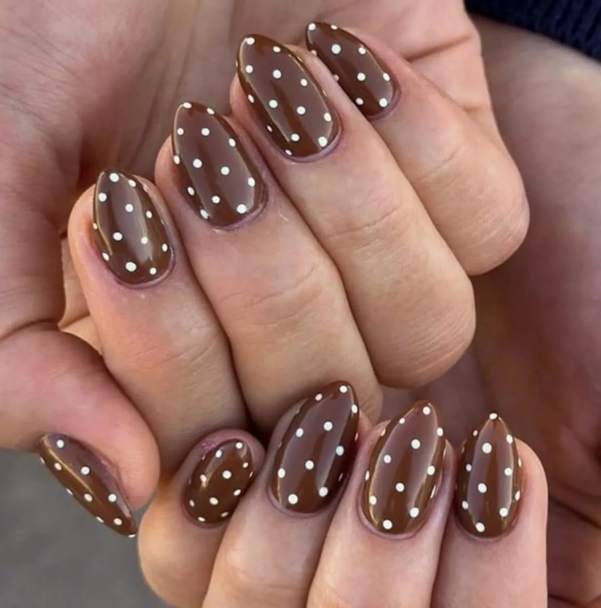 Glossy medium brown oval nails with regularly spaced white polka dots