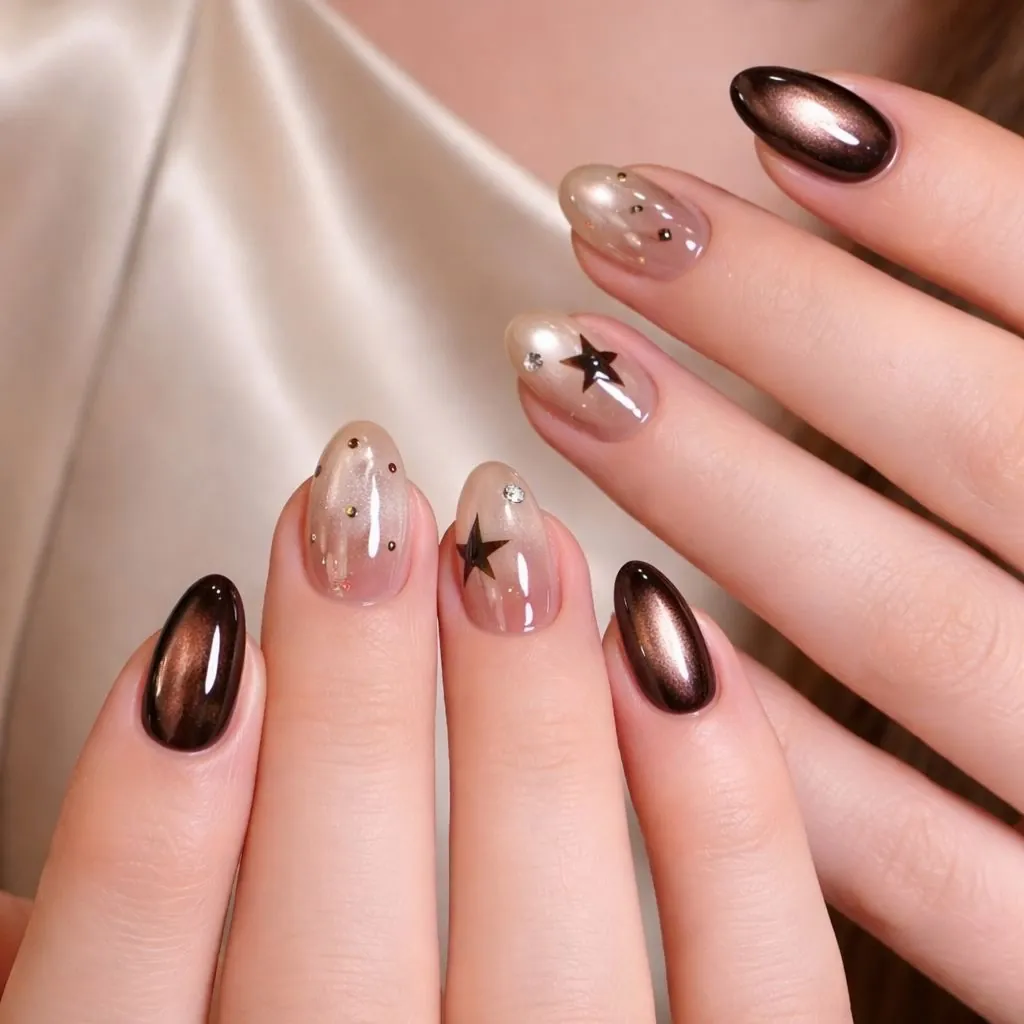 Reflective espresso brown nails paired with sheer nails and star accents