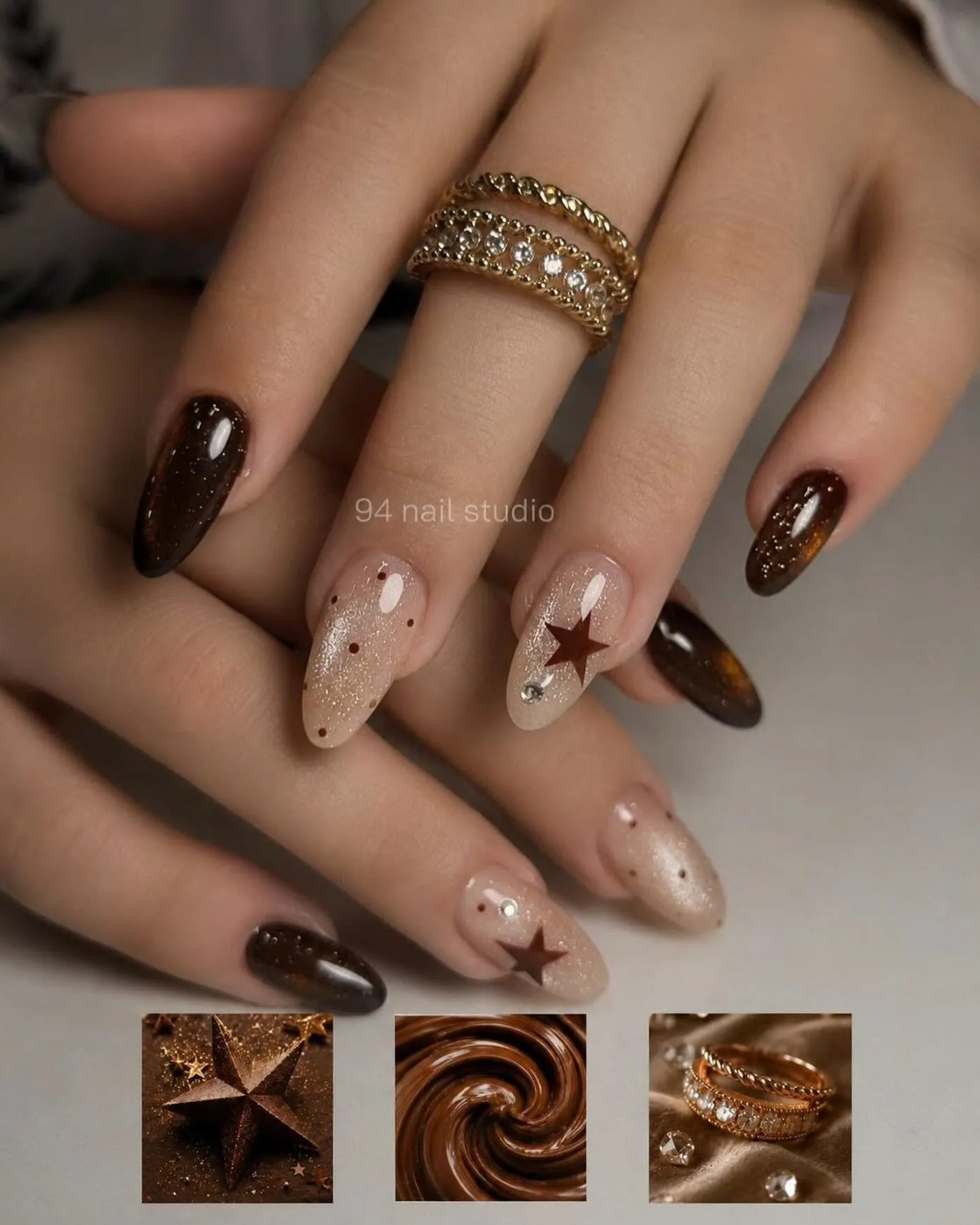 Espresso and sheer beige nails with small stars and scattered flecks