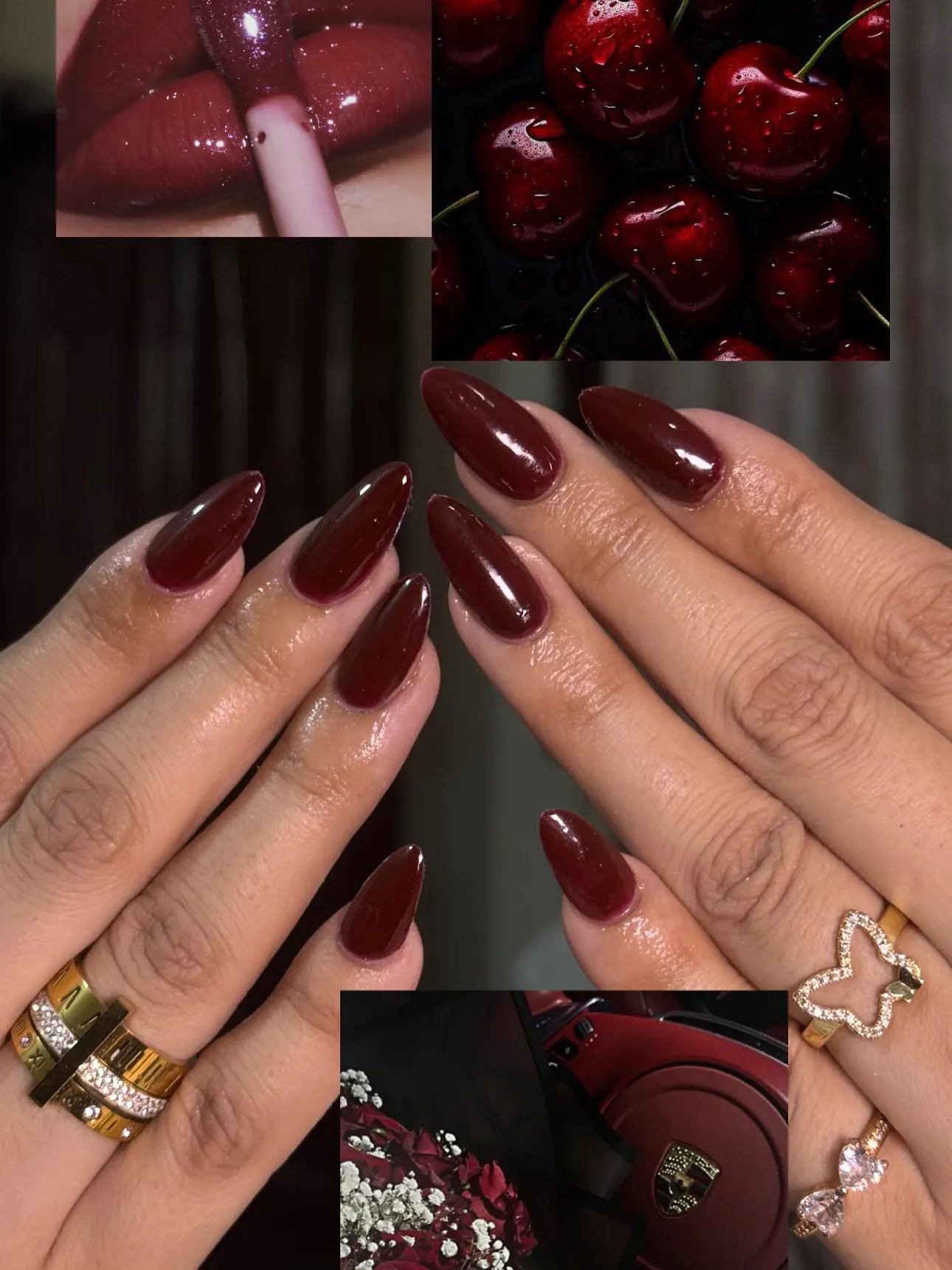 Burgundy almond nails with a subtle shimmering finish