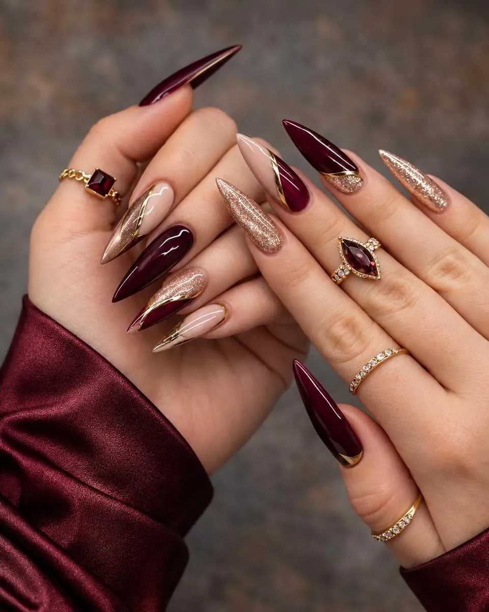 Long burgundy pointed nails mixed with gold glitter and nude accents