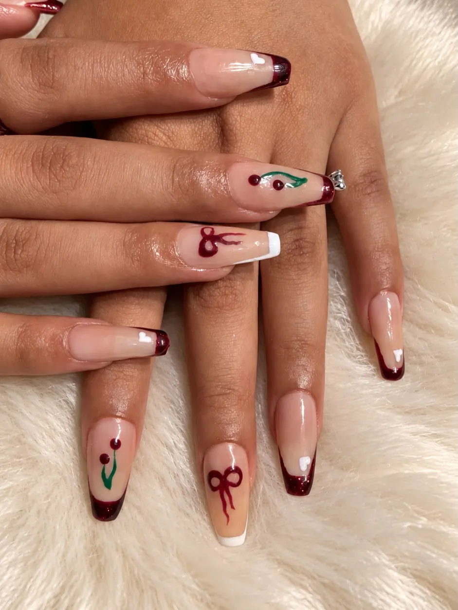 Square nails with burgundy tips, cherry motifs and fine burgundy bows
