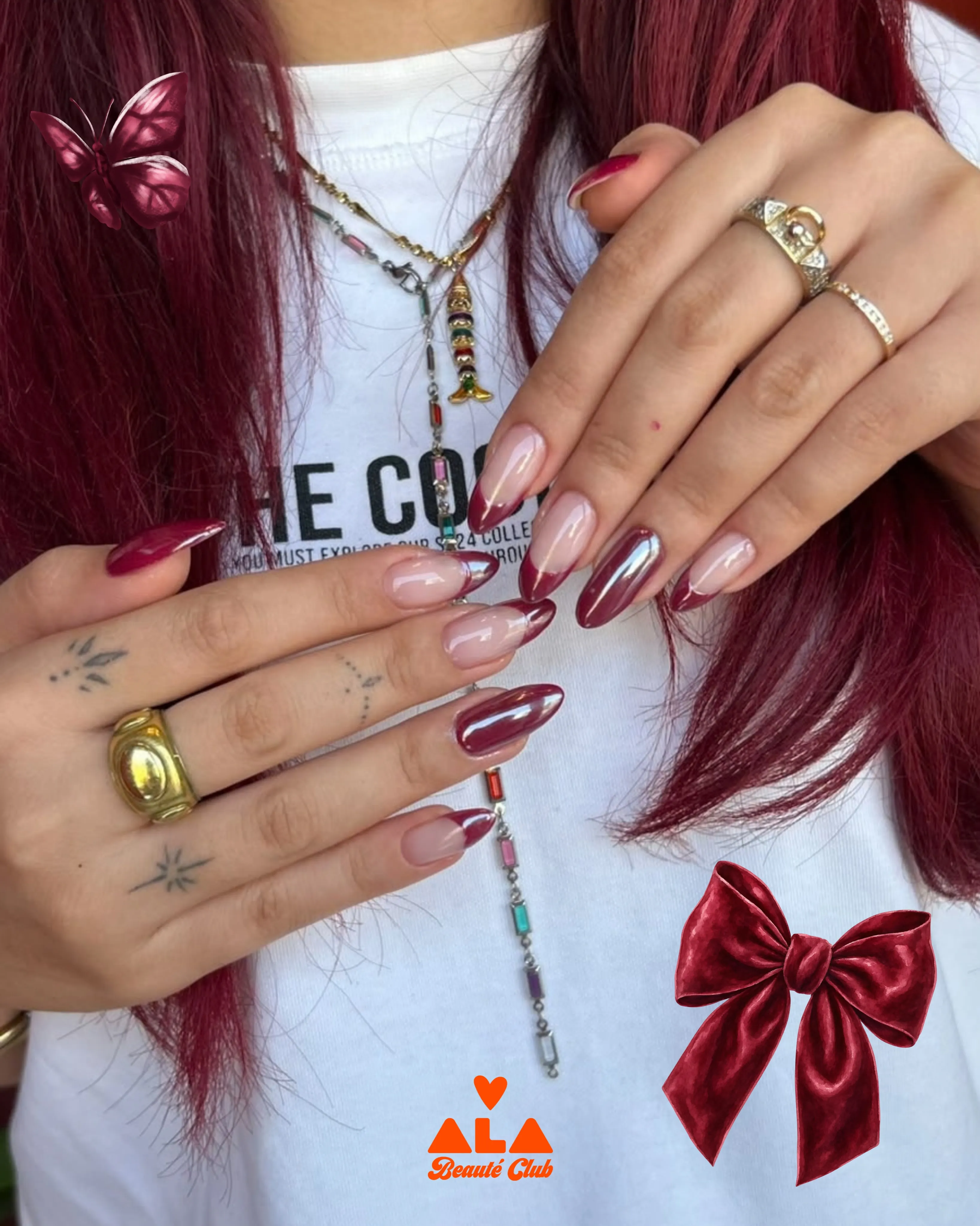 Almond nails mixing reflective burgundy color and pale pink French accents