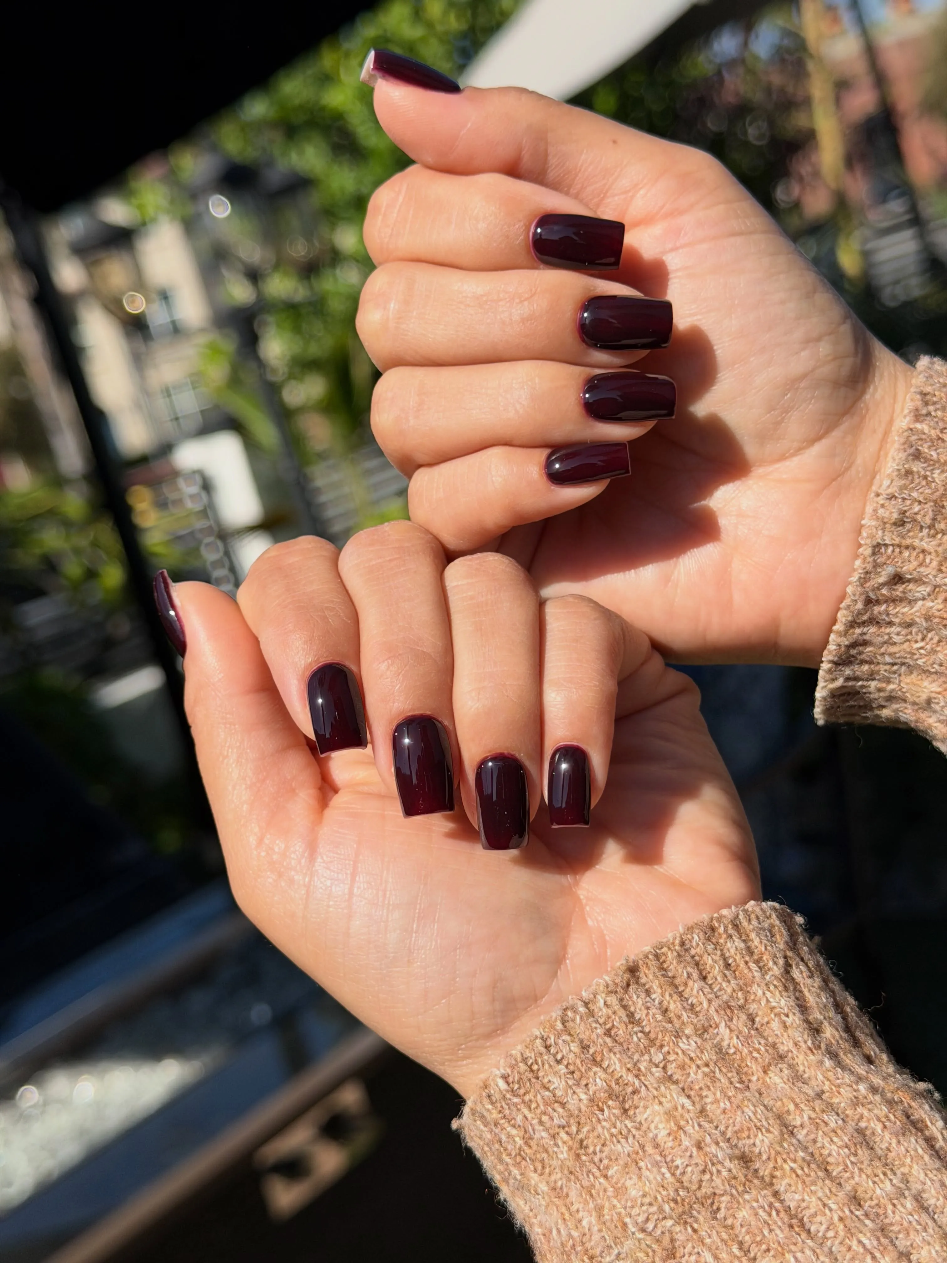 Short squared nails in a very deep burgundy shade