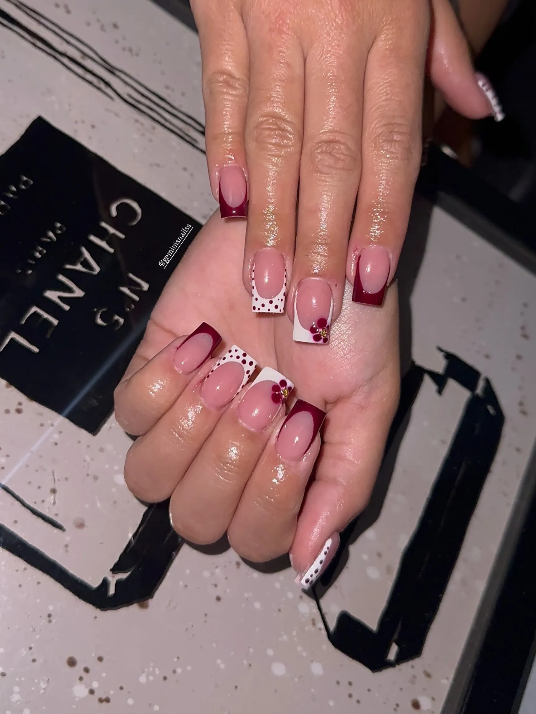Burgundy and white square French tips with dots and small flowers