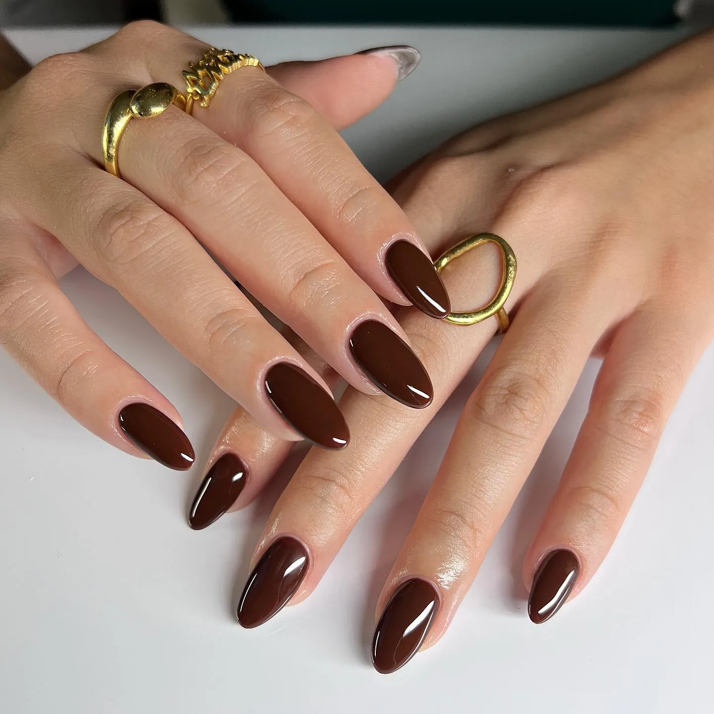 heart accent almonds chocolate brown manicure