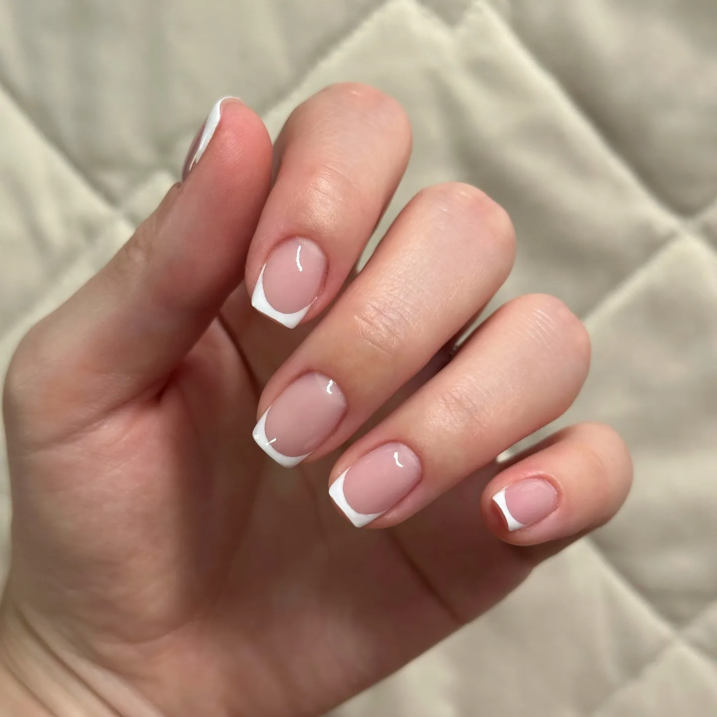 Short rounded pink nails with small white French tips