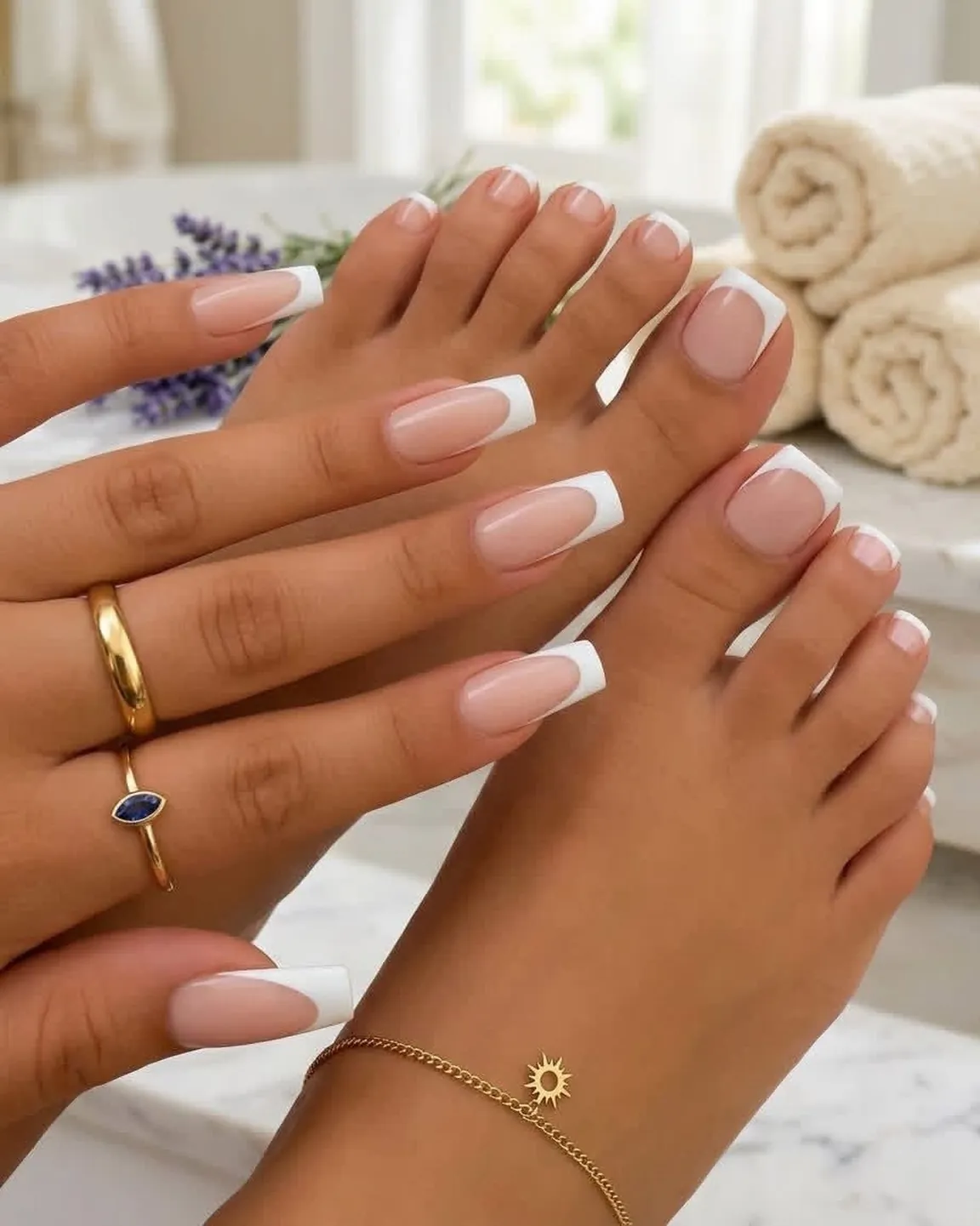 Nude French manicure with matching white tipped pedicure