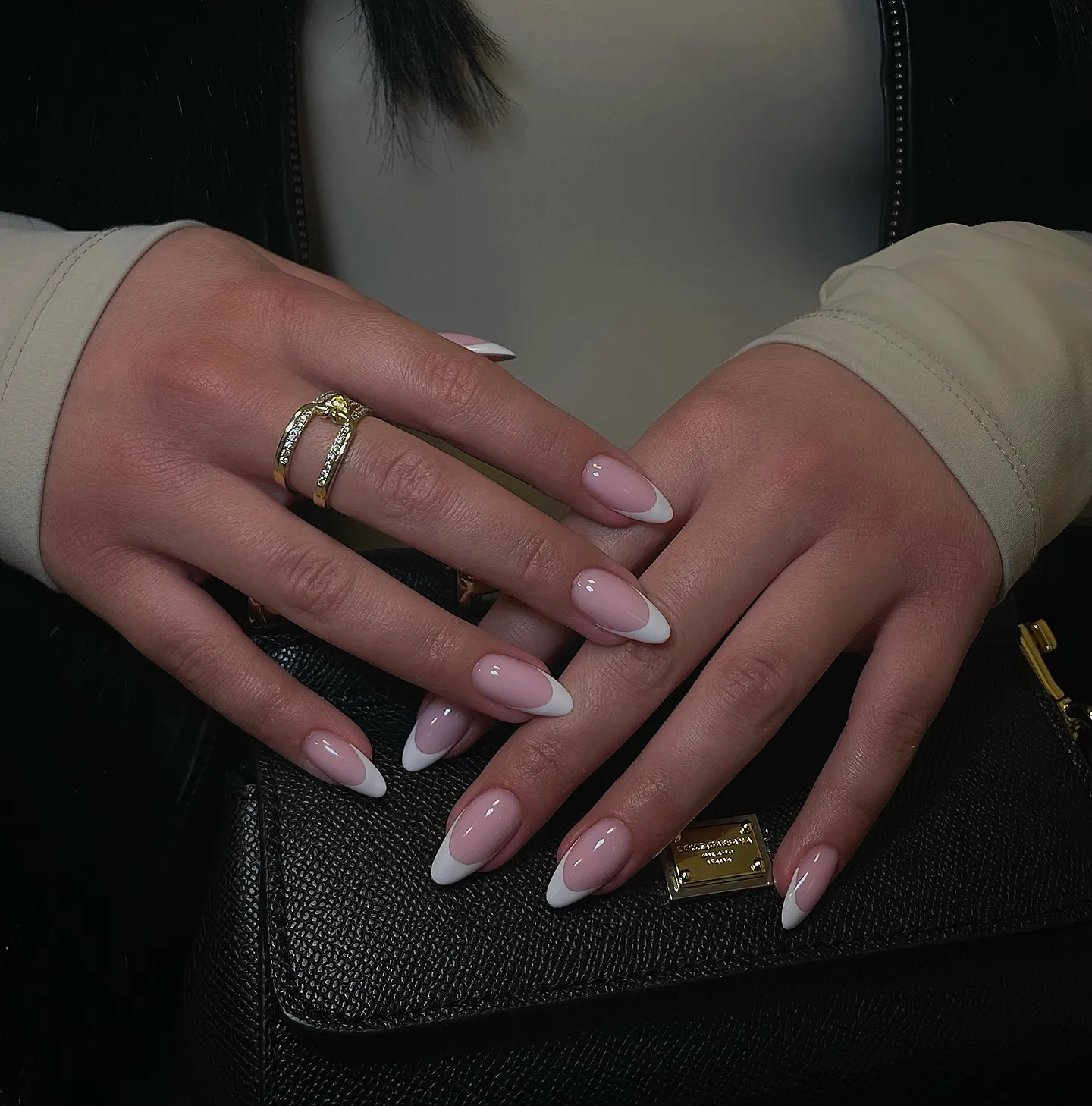 Pale pink almond nails with soft white French tips