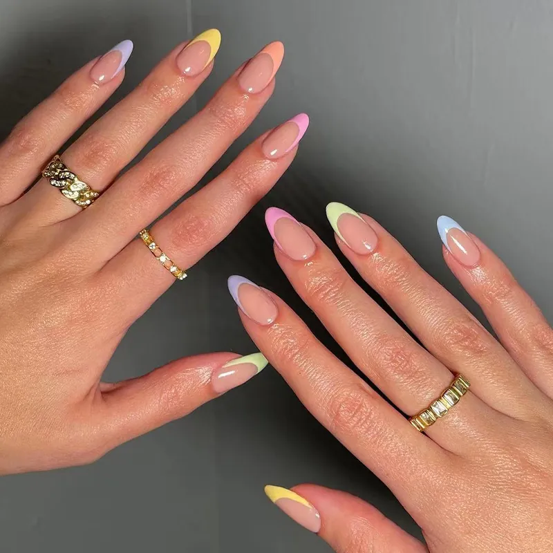 Pink almond nails with yellow pink green and blue pastel French tips