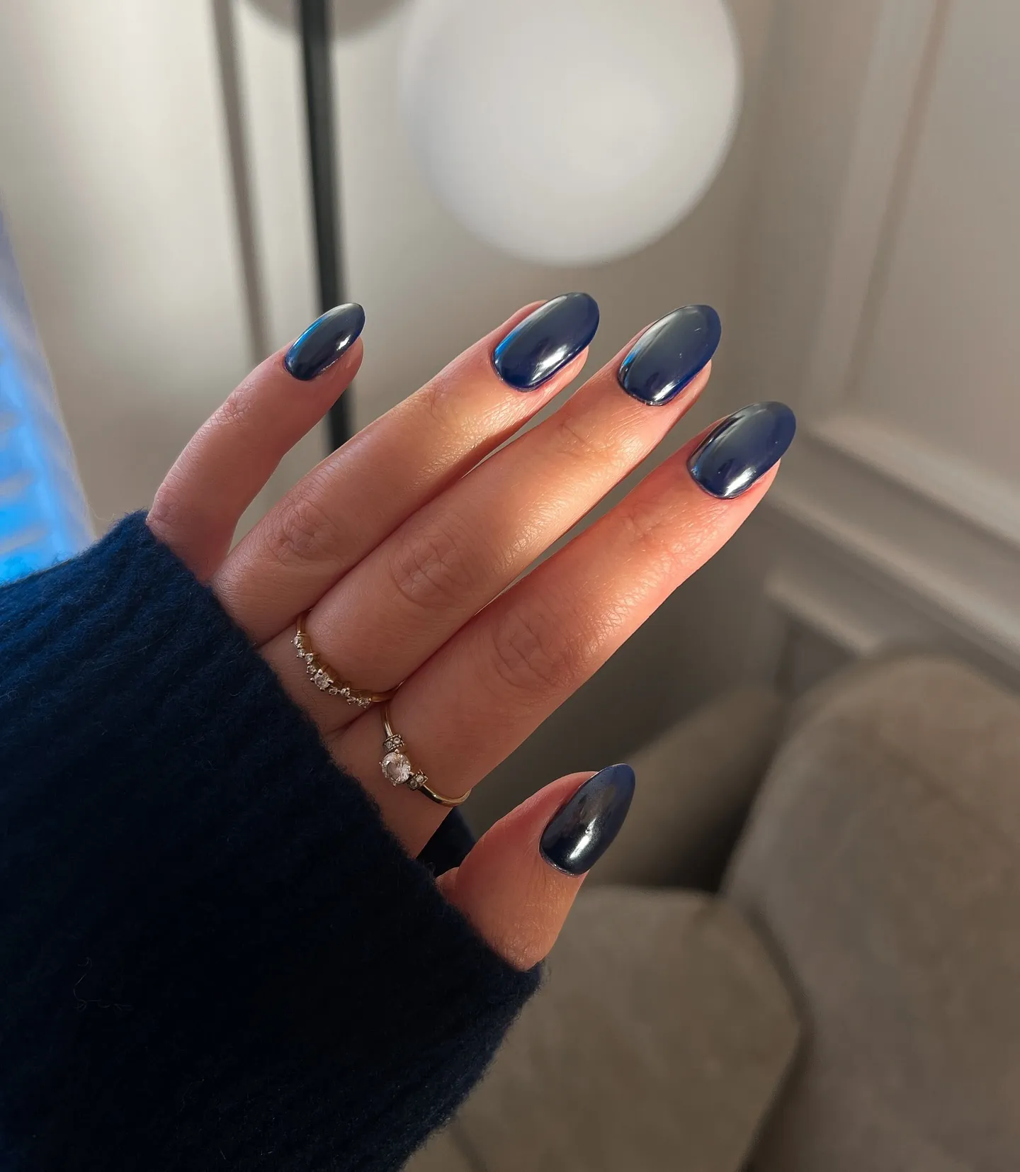 Muted smoky navy chrome nails